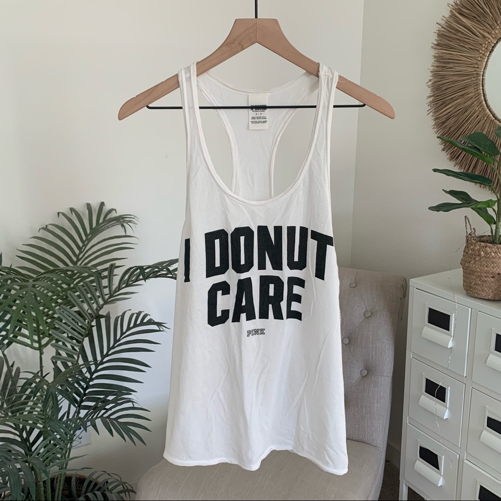 🪴$5/25🪴 VS Pink I Donut Care White + Black Loose Fit Racerback Tank Top Small